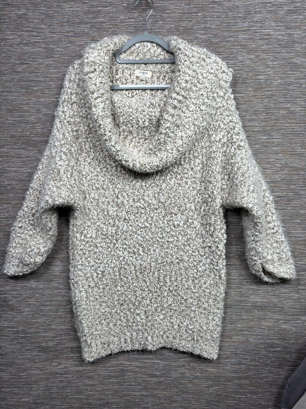 Umgee Sweater Womens Large White Boucle Knit Cowl Neck Cozy Tunic 3/4 Sleeve